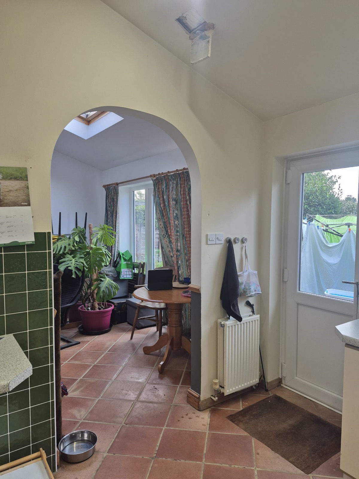 Rugby kitchen opened up, with oak worktops — before 1