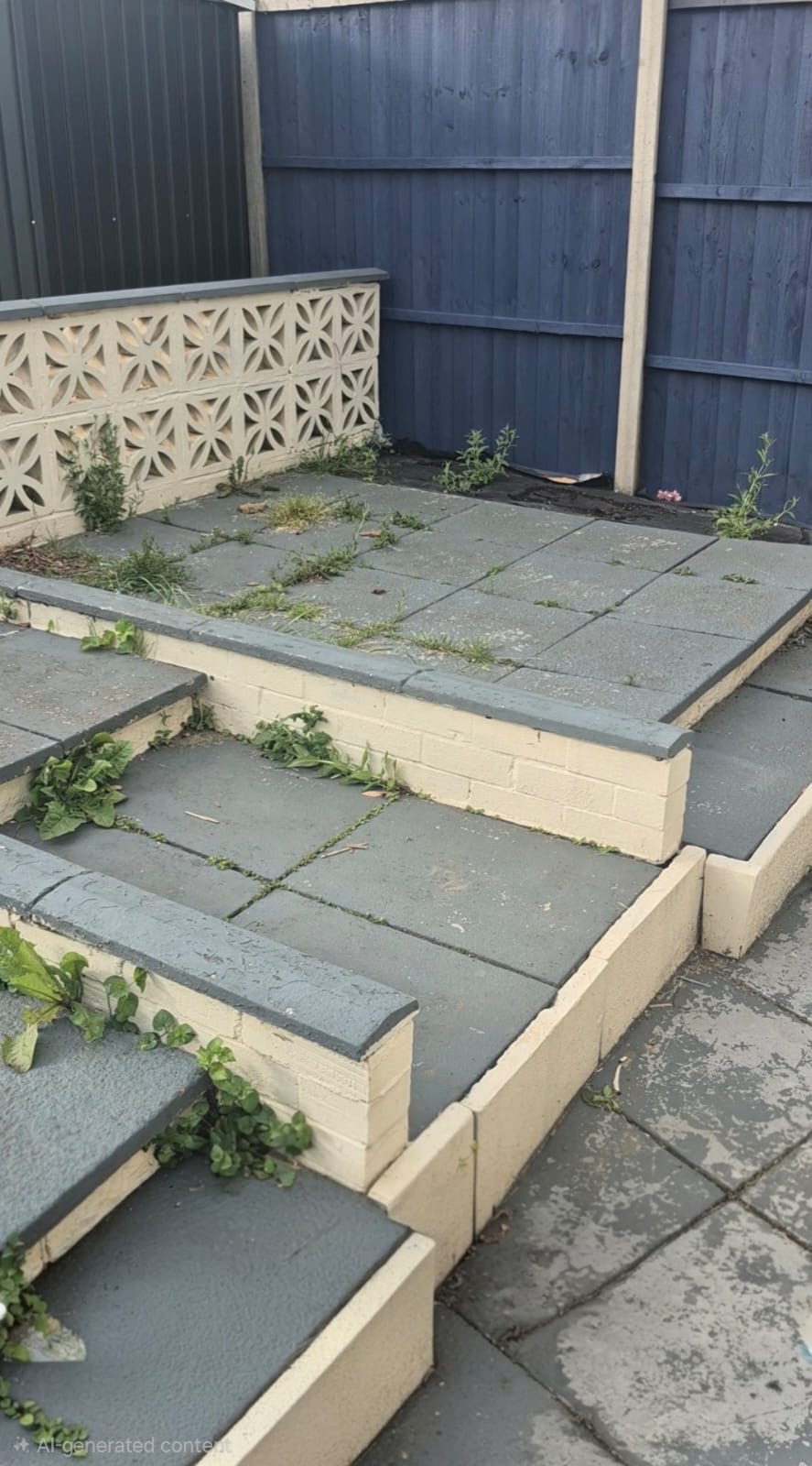 Porcelain patio with sleeper beds and steps — before 1